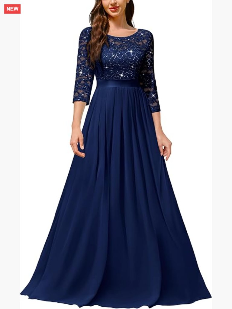 Sequined Lace Maxi Dress With Scoop Neck, 3/4 Sleeves, Formal A-Line